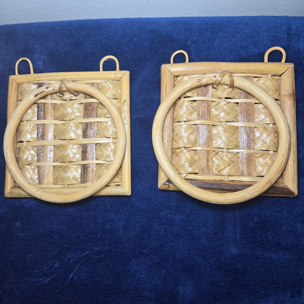 Set Of 2 Bamboo Woven Wall Mount Towel Ring Holder Boho Beach Decor 1970's